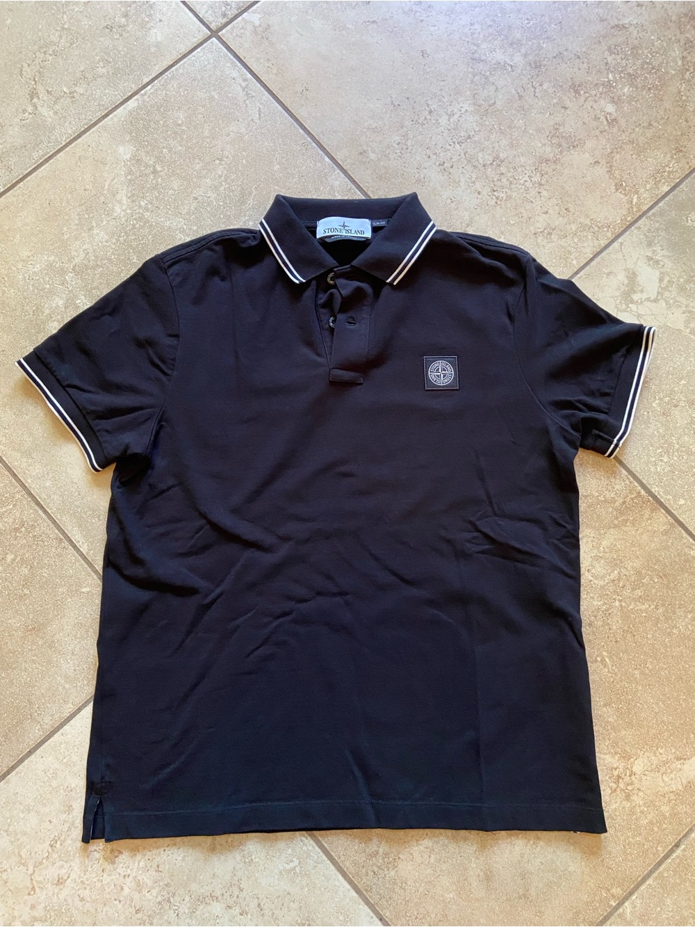 Stone Island Black Polo with White Stripe Trim